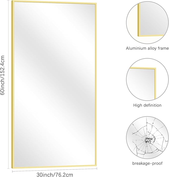 Gold Bathroom Mirror for Wall, 60x30 Inch Rectangle Mirrors with Metal Frame, Modern Vanity Wall Mirror Decor for Bathroom Living Room, Entryway Hangs Horizontal or Vertical-Ruum Studio Home