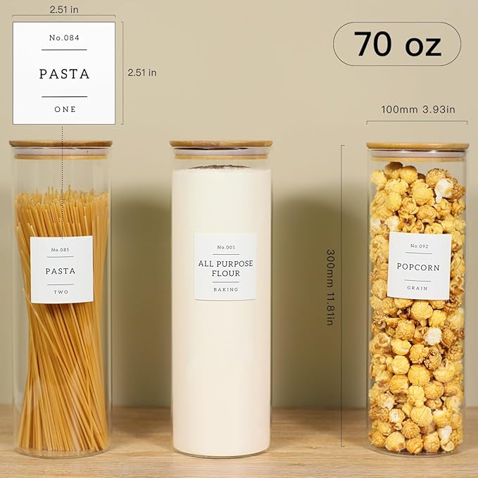 3 Pack Glass Jar with Airtight Bamboo Lid and White 132 Kichen Pantry Labels Preprinted - 70 Oz Clear Tall Glass Food Storage Containers set For Noodles Pasta Spaghetti-Ruum Studio Home