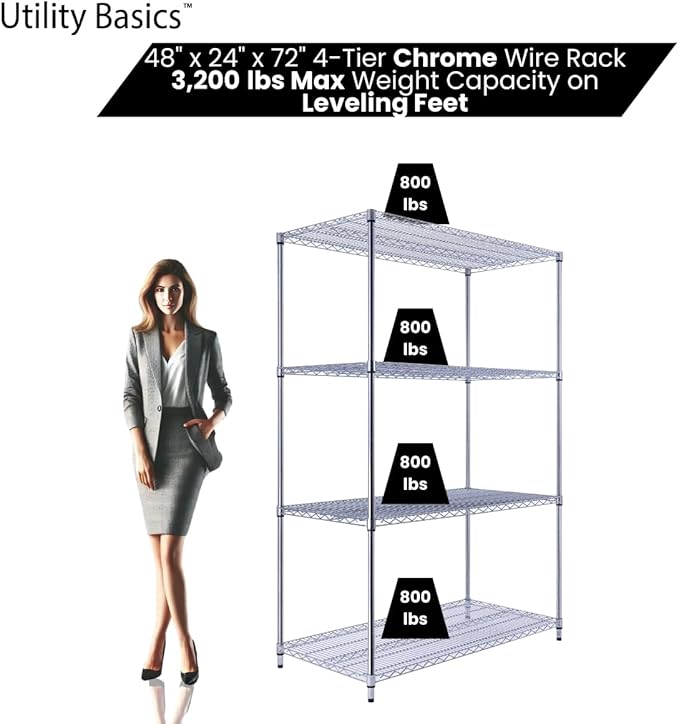48"x24"x72" Chrome Premium Metal Steel Wire Shelving 4-Tier NSF 3200 LBS MAX Capacity Heavy Duty Storage Rack for Garages, Commercial Spaces, Hospitals, & Schools w/Premium Wheels-Ruum Studio Home
