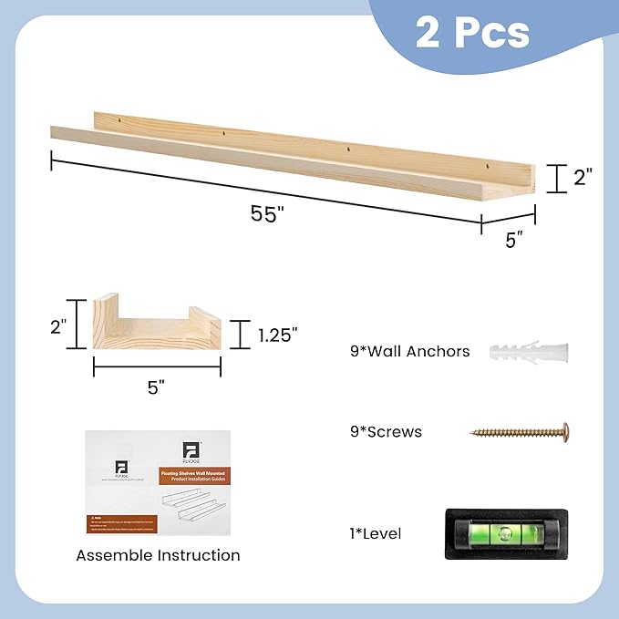 Picture Ledge Shelf, Floating Shelves Set of 2, Solid Pine Wood 55'' Long Large Nursery Book Shelves for Toys Storage, Kids Bookshelf for Living Room Bedroom Decor Books Photo Frames, Natural-Ruum Studio Home