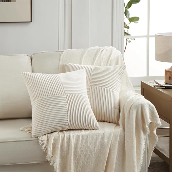 Fancy Homi 2 Packs Cream Samll Decorative Throw Pillow Covers 14x14 Inch with for Couch Bed Sofa, Rustic Farmhouse Boho Home Decor, Soft Corss Patchwork Corduroy Square Cushion Case 35x35 cm-Ruum Studio Home