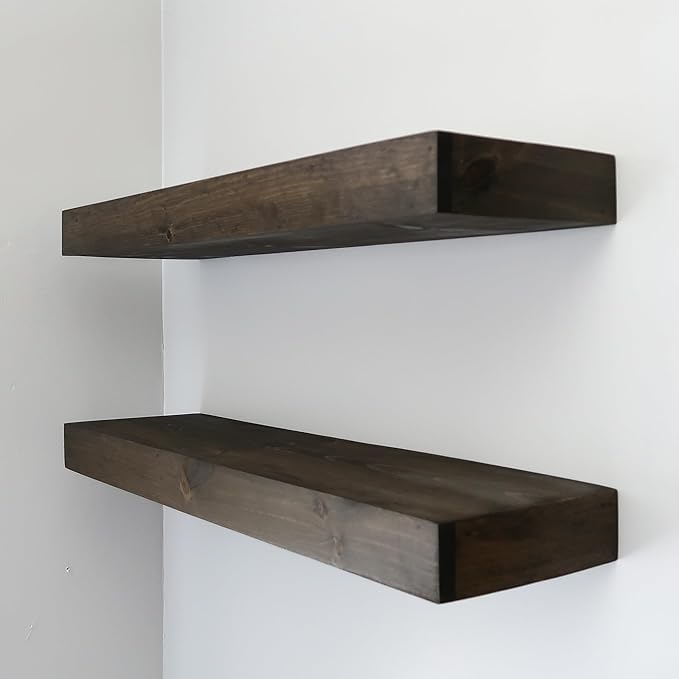 Modern Floating Shelves 3 Inches Thick for Wall, Wide Shelves for Kitchen, Living Room, Bedroom, and Bathroom, Natural Pine Wood, Rustic Wooden Shelf, (Set of 2) (Jacobean, 48Lx3Hx6D)