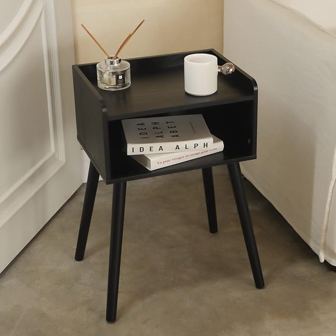 MaxSmeo Nightstand, Mid Century Modern Side Table Bedroom with Storage, Small End Bedside Table with Solid Wood Legs for Living Room, Office Small Spaces (Black)-Ruum Studio Home