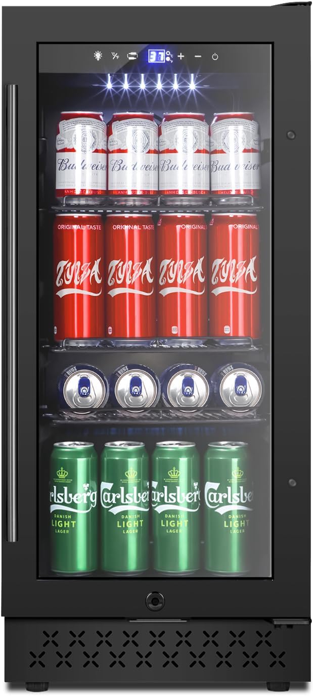 Tylza 15 Inch Beverage Refrigerator, Under Counter/Freestanding Drink Fridge, 130 Cans Beverage Cooler with Glass Door, Reversible Door, Low Noise, Quick Cooling - for Beer, Soda, ETC, Black-Ruum Studio Home