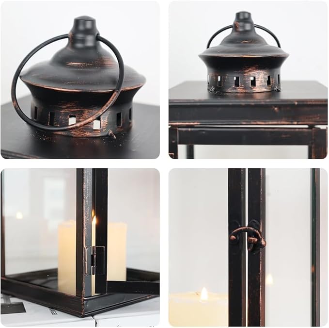 DECORKEY Large Lantern Decorative Outdoor & Indoor, Set of 2 (14’’&10’’) Metal Candle Lanterns Decor, Vintage Hanging Candle Holder for Front Porch Patio Wedding Farmhouse Home, Spring Decoration-Ruum Studio Home