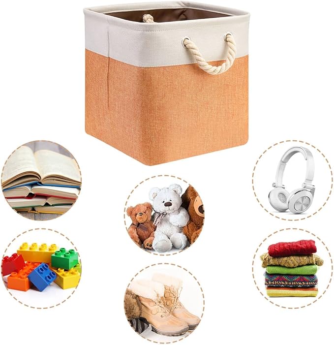 i BKGOO 3Pack Large Foldable Storage Bins，Collapsible Sturdy Cationic Fabric Organizing Storage Basket Cube with Cotton Handles for Home Office Shelf Clothes Toys Beige-Orange 13×13×13 inch-Ruum Studio Home