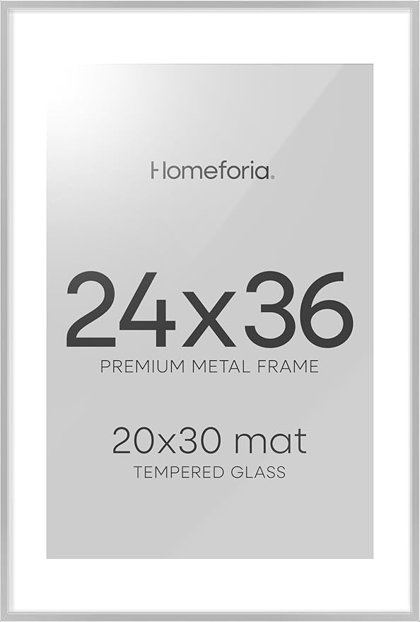Homeforia Poster Silver Frame 24x36, High End Metal 24 x 36 Large Picture Frame with Mat 20 x 30 Photo, 24x36 Silver Frames Matted to 20x30 Print, 36x24 Thin Frames, Tempered Glass, Wall Kit, Set of 1-Ruum Studio Home