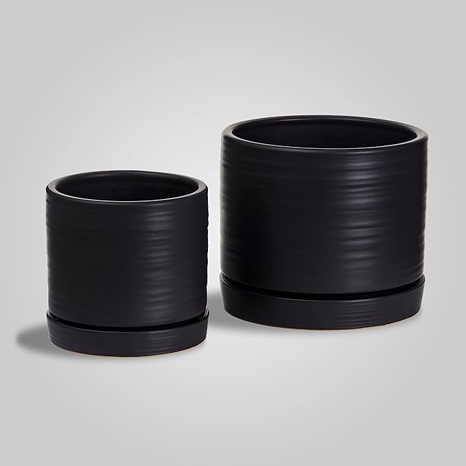 6 + 8 Inch Plant Pots, Ceramic Planter Pot with Drainage Hole & Saucer, Indoor/Outdoor Cylinder Round Planter Pot, Matte Black-Ruum Studio Home
