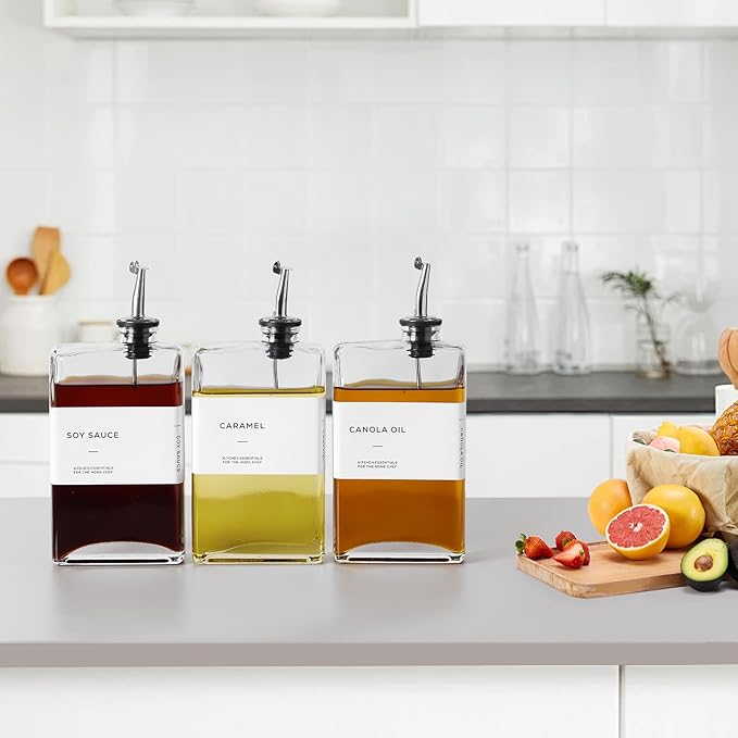 Olive Oil Dispenser Bottle for Kitchen, 3 Pack Glass Oil and Vinegar Dispenser Set, Elegant Book Design, Durable, Leak-Proof, Easy-Pour Spouts, Perfect for Kitchen, Dining Table (12oz)-Ruum Studio Home