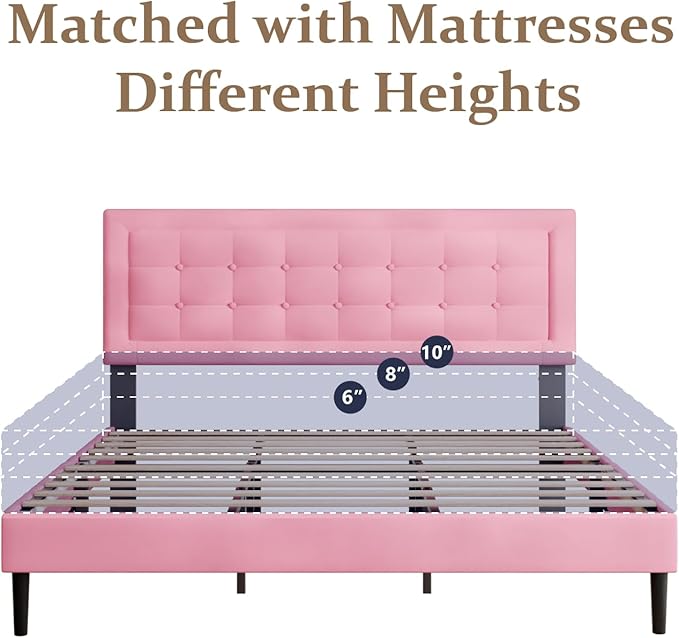 King Size Bed Frame with Headboard, Platform Bed Frame with Velvet Upholstered Button Tufted Headboard, Wood Slats Support, No Box Spring Needed, Mattress Foundation, Easy Assembly, Pink-Ruum Studio Home
