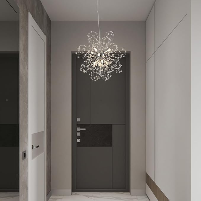 Modern Small Chandeliers, Sputnik Sunflower Crystal Beaded Hanging Lamps, Round Chrome Dandelion Pendant Light for Kitchen Island Bathroom Bedroom Entryway (Chrome 8Lights)-Ruum Studio Home
