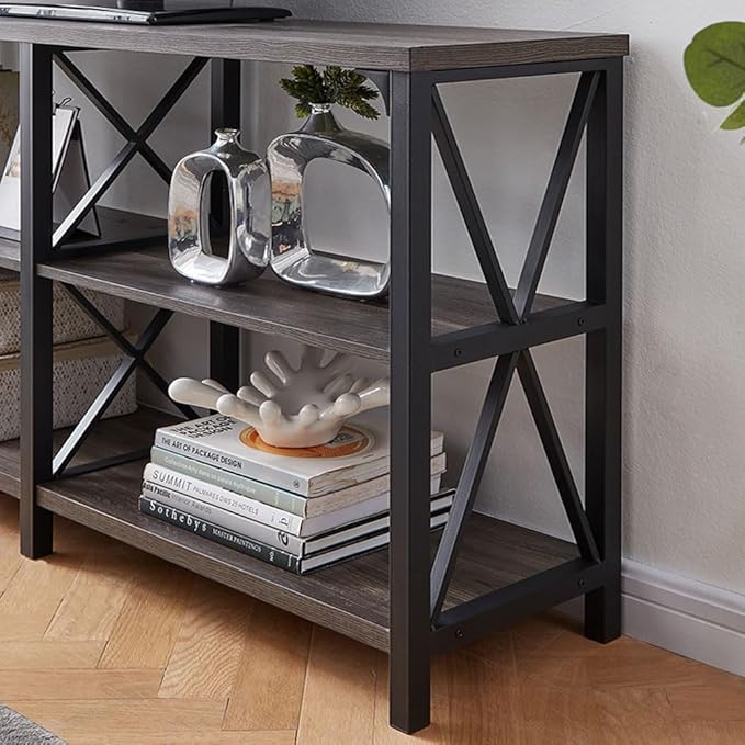 LVB Rustic Console Table, Industrial Modern Sofa Table Behind Couch, Long Metal Wood Entryway Table with Storage Shelf, Farmhouse Foyer Hallway Table for Home Living Room Bedroom, Dark Gray Oak, 63 in-Ruum Studio Home