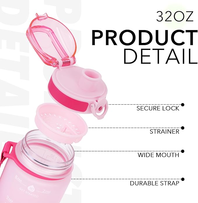 32oz Motivational Water Bottles with Time Marker & Fruit Strainer, Transparent Gradient Color Water Bottle with Times to Drink, Leakproof & BPA Free, Reusable Bottle with Strap (No Straw)-Ruum Studio Home