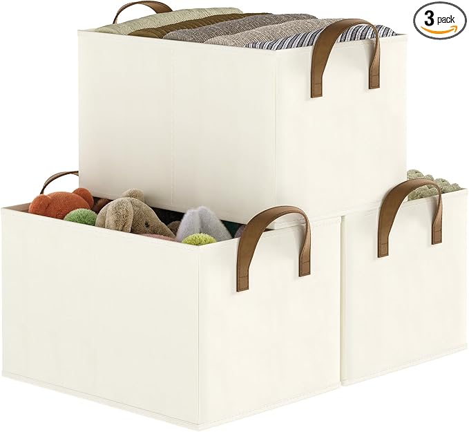 Closet Storage Bins, Fabric Closet Organizers and Storage Basket for Shelves, Collapsible Shelf Baskets for Organizing Shelves, Bedroom Clothes Basket, Beige, 3 Pack-Ruum Studio Home
