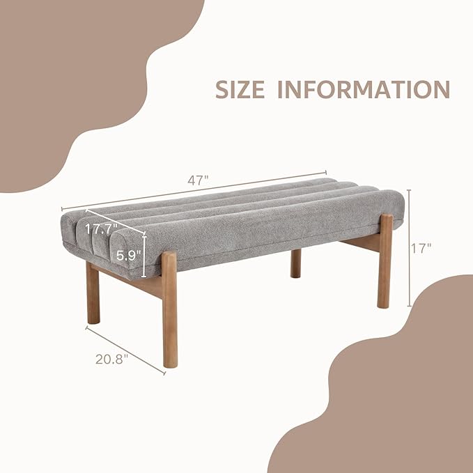 Upholstered Bench Grey Modern End of Bed Bench Chenille Fabric Bedroom Bench for Entryway Living Room Vanity Makeup Room, 47" Long, Wooden Legs-Ruum Studio Home