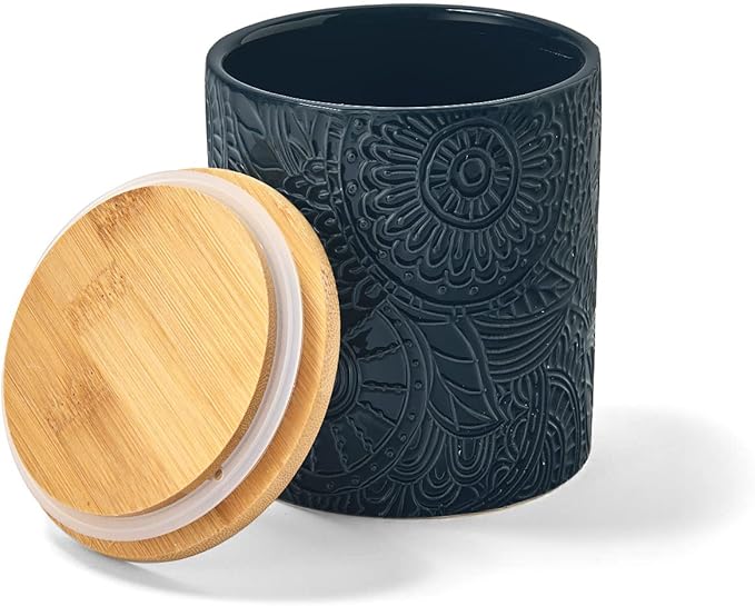 American Atelier Embossed Canister 4-Piece Ceramic Set Jar Container with Wooden Lids for Cookies, Candy, Coffee, Flour, Sugar, Rice, Pasta, Cereal & More-Ruum Studio Home