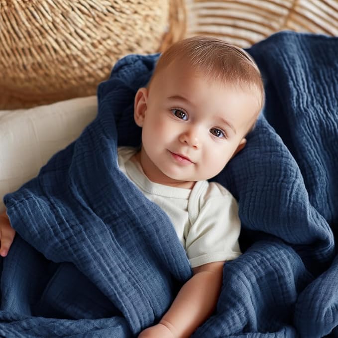 EMME Muslin Baby Blankets 100% Cotton 4-Layer Swaddle 40"x50" Lightweight Soft Breathable for Toddler, Infant, Newborn All Season Gauze Blanket, Navy Blue-Ruum Studio Home