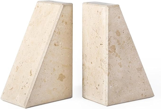 Marble Bookends for Heavy Books, Decorative Book Ends for Shelves, Beige Stone Durable and Heavy-Duty Book Ends for Hardback Books & CDS, Unique Book Stopper & Holder, Set of 2-Ruum Studio Home
