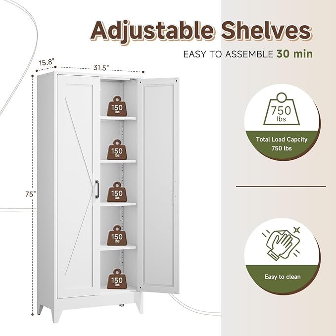 Letaya Storage Cabinet,75" H Metal Kitchen Pantry Cabinets with Doors and Adjustable Shelves,Pantry Organizers for for Cupboard/Office/Garage Room,White-Ruum Studio Home
