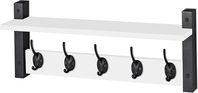 Sorbus Coat Hooks Wall Mount with Shelf – 24 Inch Coat Rack Wall Mount with 5 Heavy Duty Hooks – Floating Wall Shelf with Hooks for Entryway, Bathroom, Bedroom, Kitchen, or Mudroom (White)-Ruum Studio Home