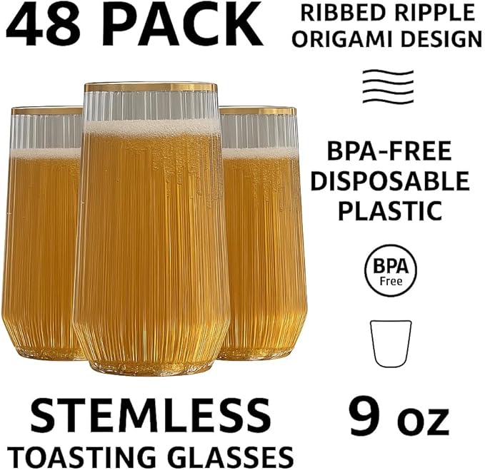 48 Pack Ribbed Ripple Stemless Toasting Glasses, Origami Durable 9 Oz BPA-Free Disposable Plastic Champagne Flutes for Weddings, Bars, Events, and Celebrations (Gold Rim)-Ruum Studio Home