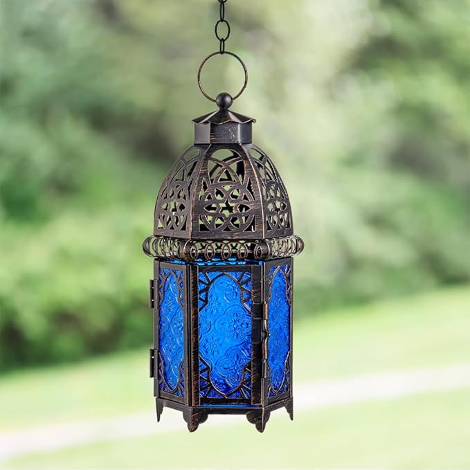 NEEDOMO Hanging Moroccan Lantern, 12.8'' Vintage Candle Holder, Metal Lanterns Decorative Indoor Outdoor, Table, Patio, Porch, Shelf, Gothic Home Decor (Blue, Large Size)-Ruum Studio Home
