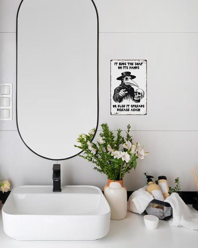 ALKB Halloween Bathroom Decor 8 x 12 Inch - Goth Plague Doctor Metal Tin Sign,Gothic Lovers Gifts,IT RUBS THE SOAP ON ITS HANDS-Ruum Studio Home