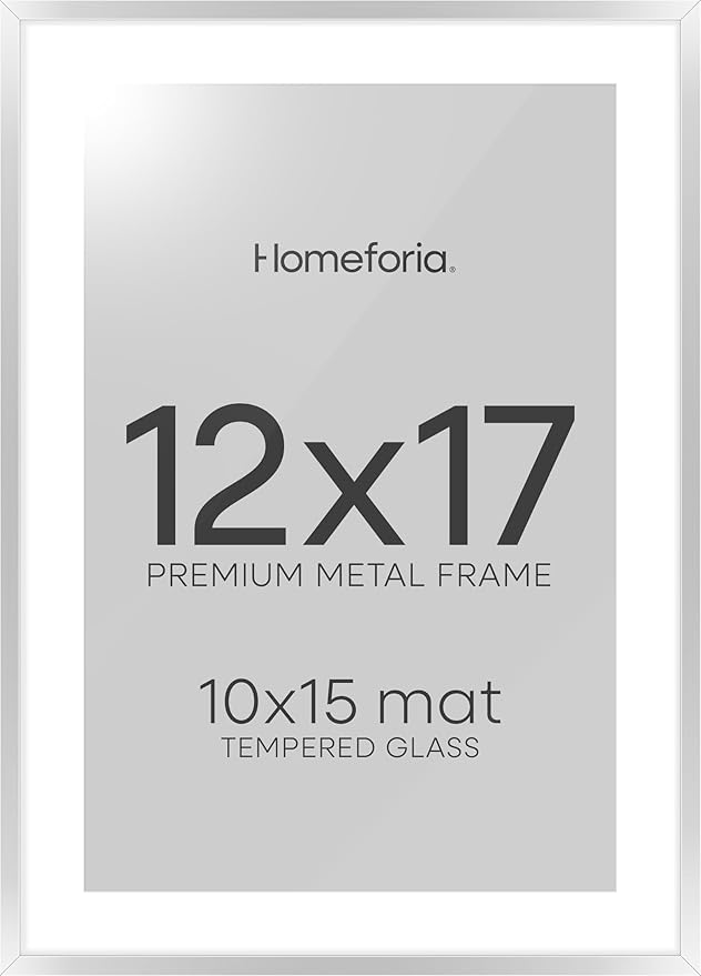 Homeforia 12x17 Picture Frame Silver, High End Metal 12x17 Frames with Mat 10x15 for Photo, 12 x 17 Silver Poster Frame Matted to 10 x 15 Print, 17x12 Hanging Frame, Tempered Glass, Wall Kit, Set of 1-Ruum Studio Home