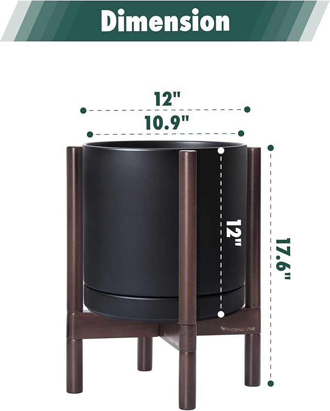 D'vine Dev Ceramic Planter with Walnut Color Stand - 12 Inch Modern Round Flower Pot with Wood Planter Holder, Black, 55-B-W-2-Ruum Studio Home
