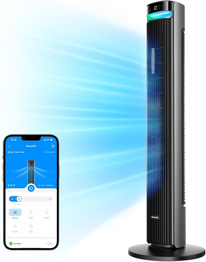 GoveeLife 42'' Tower Fan for Bedroom, Smart Floor Fans with 150° Adjustable Oscillating, APP & Voice Control, 5 Modes 12 Speeds up to 26ft/s, 24H Timer, 27dB Quiet Fan for Cooling Home Office Silver-Ruum Studio Home