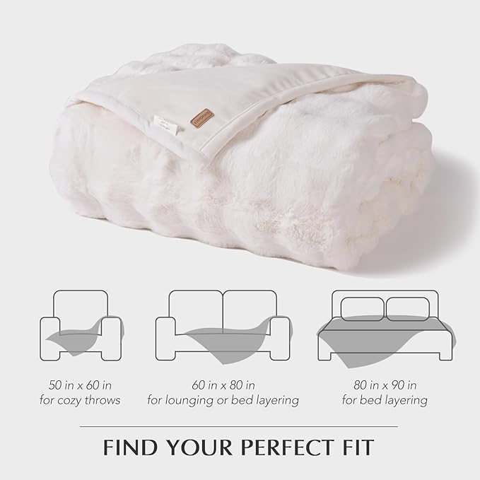EVERGRACE Ultra Soft Luxury Fluffy Ridgeline Faux Rabbit Fur Throw Blanket, Thick Warm Bubble Throw for Bed, Cozy Plush Reversible Blankets for Couch, Chair, Sofa, Ivory White, 60x80 Inches, 870 GSM-Ruum Studio Home