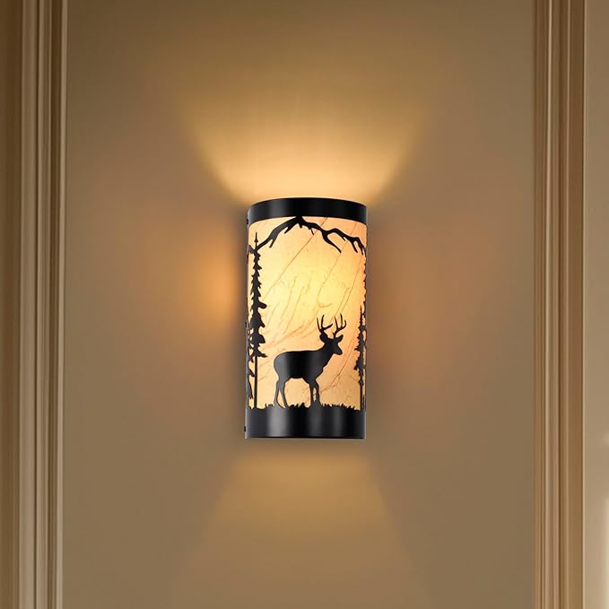 Wall Sconces Set of Two,Deer Metal Yellow Parchment Rustic Wall Sconces,Farmhouse Matte Black Wall Mount Lamp,Vintage Bedroom Wall Lights,Indoor Wall Lamps for Living Room,Hallway,Porch-Ruum Studio Home