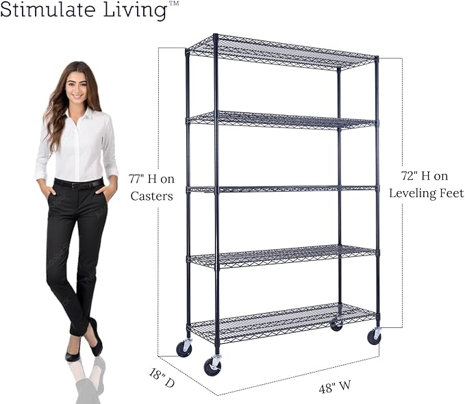 48"x18"x72" PRIME HEAVY DUTY Black 5-Tier Wire Shelving NSF 4000 LBS MAX Capacity Storage Rack for Commercial, School, Home, Garage, Warehouse, Industrial, and Hospital Uses (with Wheels)-Ruum Studio Home