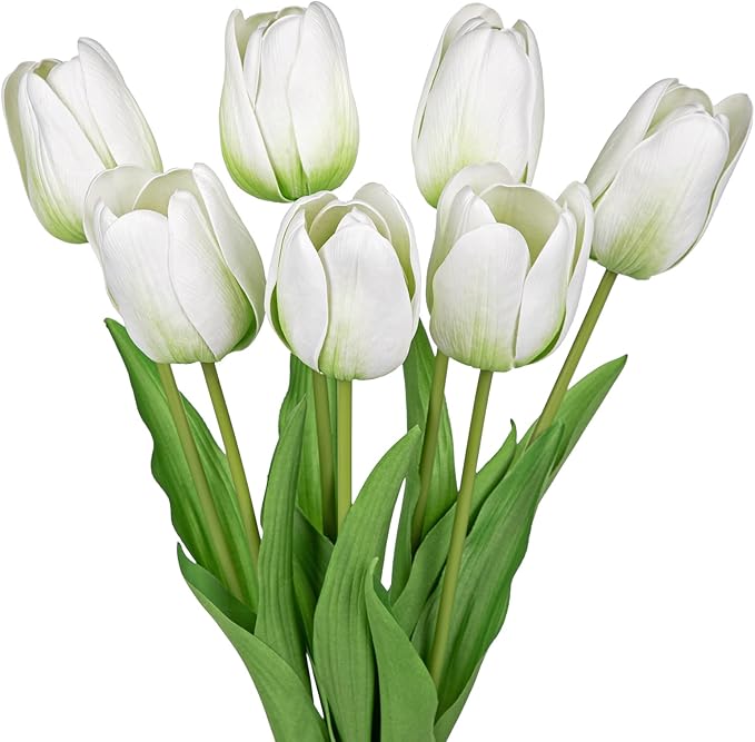 Artificial Tulips Flowers – 24" Long Stem Faux Tulips, 7PCS Real Touch Fake White Tulip for Vase, Farmhouse, Kitchen, Spring & Wedding Home Decor-Ruum Studio Home