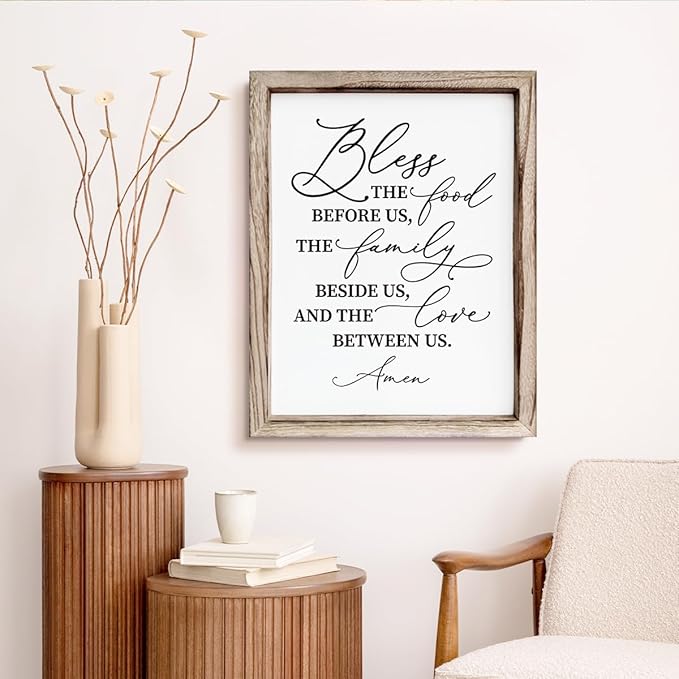 Christian Wooden Wall Sign, Dining Room Decors, Farmhouse Decor for Kitchen, Rustic Home Decor, Framed Wall Plaque Sign 15 * 11.5 inches, Bless the Food Before Us-Ruum Studio Home