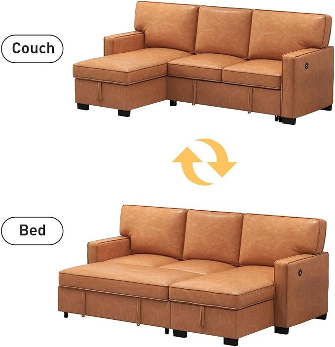 EBELLO Convertible Sleeper Sofa 3 in 1, Faux Leather Modern L-Shaped Couches for Living Room, Pull Out Sectional Futon Sofa Bed with Storage Space, USB Ports and Cup Holders for Bedroom, Brown-Ruum Studio Home