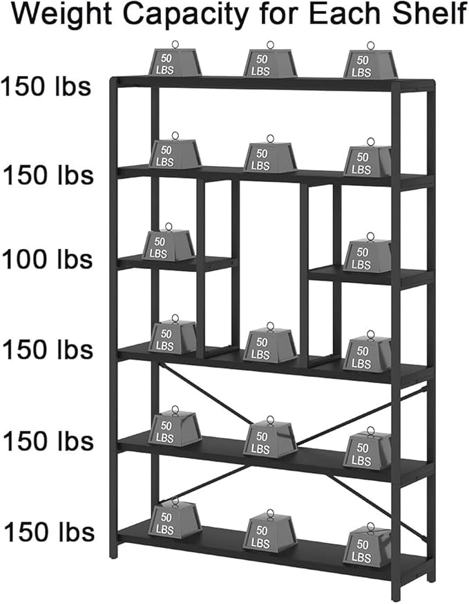 LVB 6 Tier Tall Black Bookshelf, Modern Large Wide Book Rack Storage, Industrial Wood Metal Etagere 6 Shelf Bookcase, Farmhouse Open Display Book Shelf Organizer for Bedroom Living Room Office, Black-Ruum Studio Home