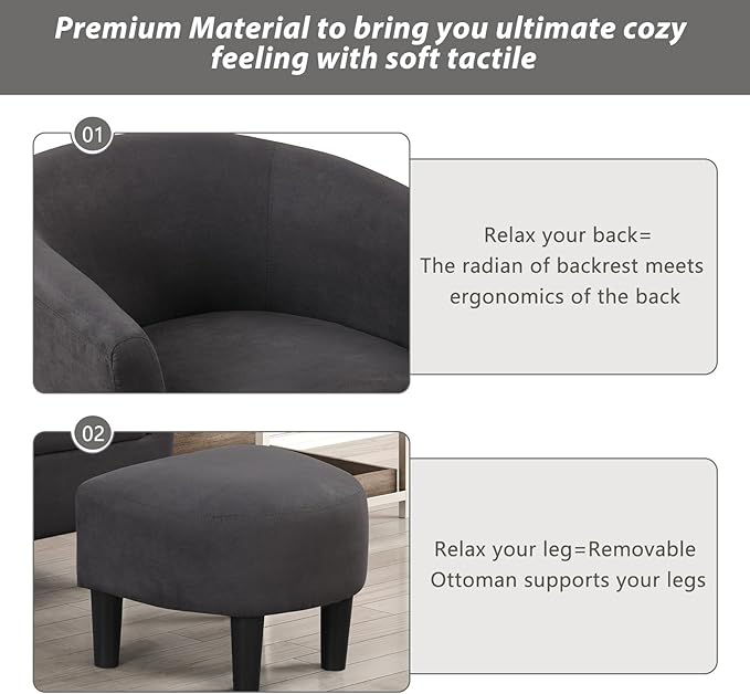 INZOY Modern Accent Chair with Ottoman for Small Space, Club Chair with Ottoman Set, Comfy Fabric Barrel Reading Chairs for Living Room Bedroom, Round Reading Chair with Foot Rest, Dark Grey-Ruum Studio Home