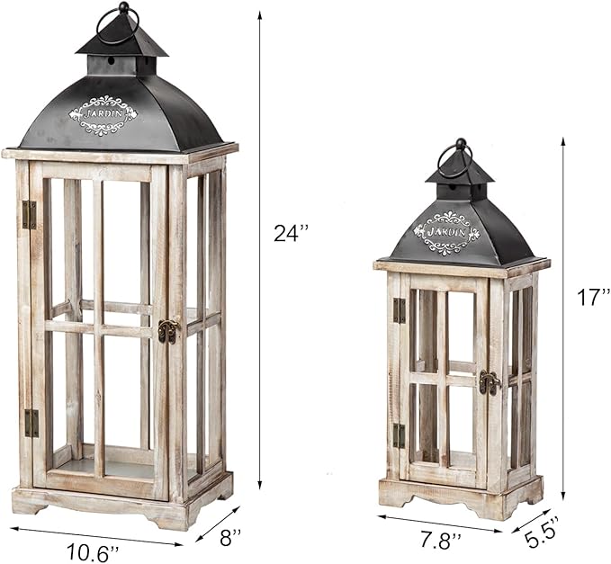 Set of 2 Large Decorative Wooden Metal Lanterns, Farmhouse Rustic Floor Candle Lanterns, Indoor/Outdoor Hanging Lanterns for Home Decor (No Glass)-Ruum Studio Home