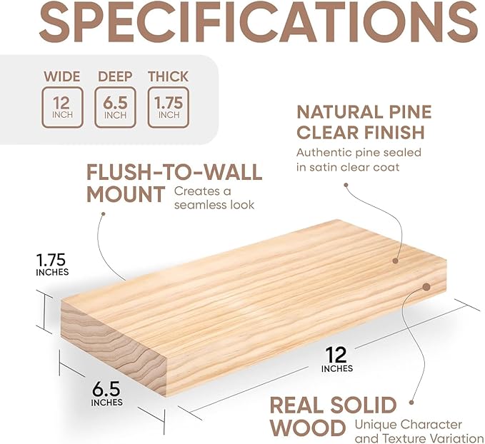 Homeforia 12 inch Natural Floating Shelf, High End Solid Real Wood 12inch Small Floating Shelves for Wall Mounted, Natural Wooden Floating Shelves, Heavy Duty Bracket, 12 X 6.5 X 1.75 in, Set of 2-Ruum Studio Home