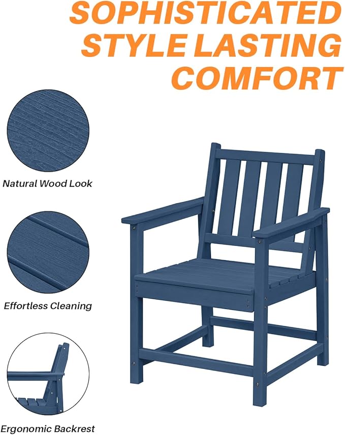 Patio Dining Chair Set of 2, HDPE Outdoor Dining Chair, Ergonomic HDPE Dining Chairs with Deep Seating, All Weather Outdoor Chairs Furniture for Backyard, Deck, Garden, Poolside, Navy-Ruum Studio Home