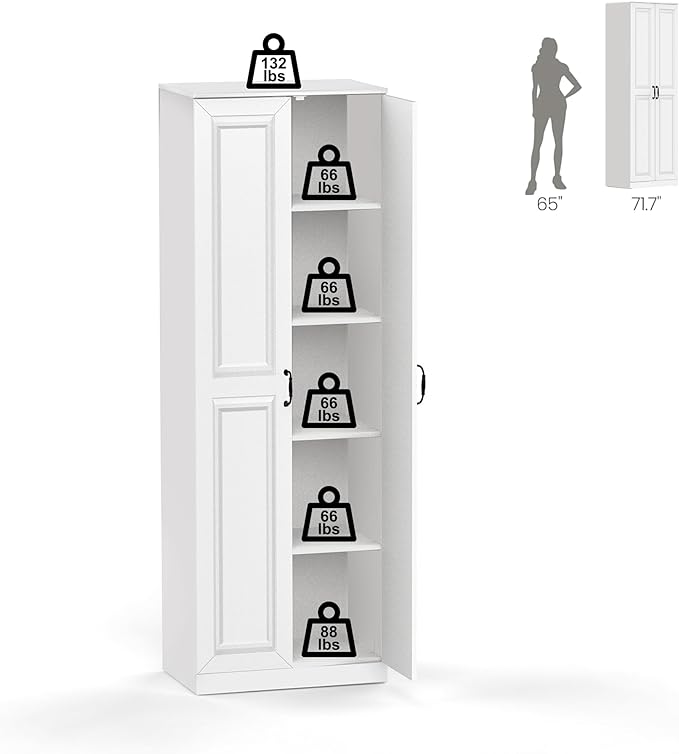 Storage Cabinet/Pantry cabinets, Soft White Finish, 71" Tall Wood Cupboard with 2 Door and 3 Adjustable Shelves for Kitchen, Dining Room, Living Room, Bathroom (Style 1)-Ruum Studio Home