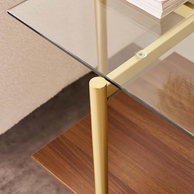 Glass End Table, Mid-Century Modern Design Sofa Table, for Living Room, 2-Tier Structure, Clear Glass Top and Walnut MDF Shelf, Sleek Conical Metal Legs with Gold Finish Frame-Ruum Studio Home