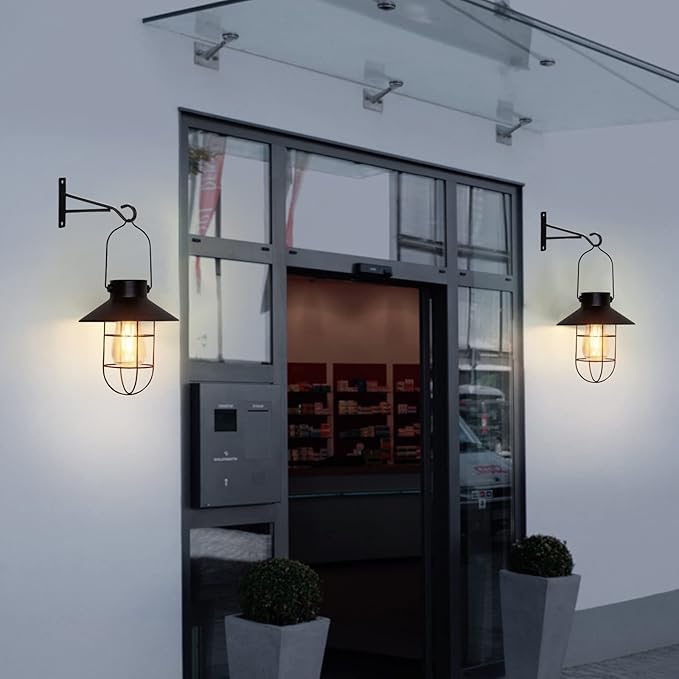 pearlstar Solar Lanterns Outdoor Metal Solar Powered Hanging Lights Waterproof for Wall Yard Garden Patio Garage Balcony Porch Fence Decor, Warm White Edison Bulb,with Wall Mount Kit（Black-1pack）-Ruum Studio Home