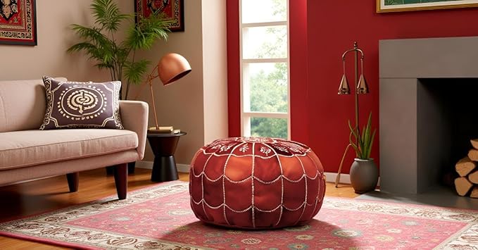 Stuffed Arch Design Moroccan Leather Pouf Ottoman, Handmade, Pre-Filled, 100% Genuine Leather, 14” Height x 22” Diameter – Boho Chic Footstool & Living Room Décor (Honey Cognac)-Ruum Studio Home