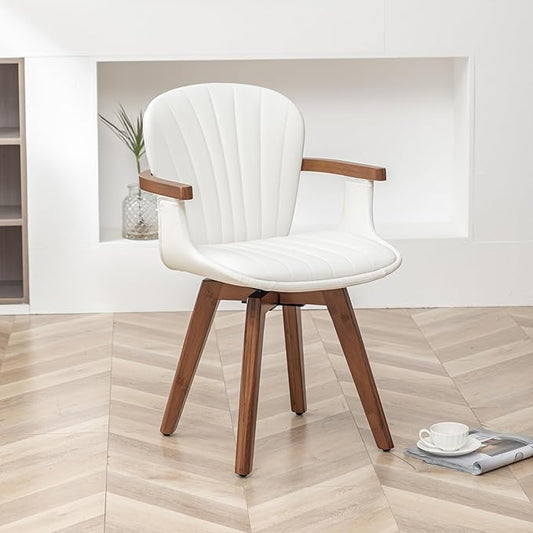 LUNLING Swivel Dining Chairs, Mid Century Modern White Faux Leather Kitchen Chairs with Arms,Bamboo Legs Side Chairs No Wheels,Accent Chair for Dining Rooms and Offices,1PCS-Ruum Studio Home