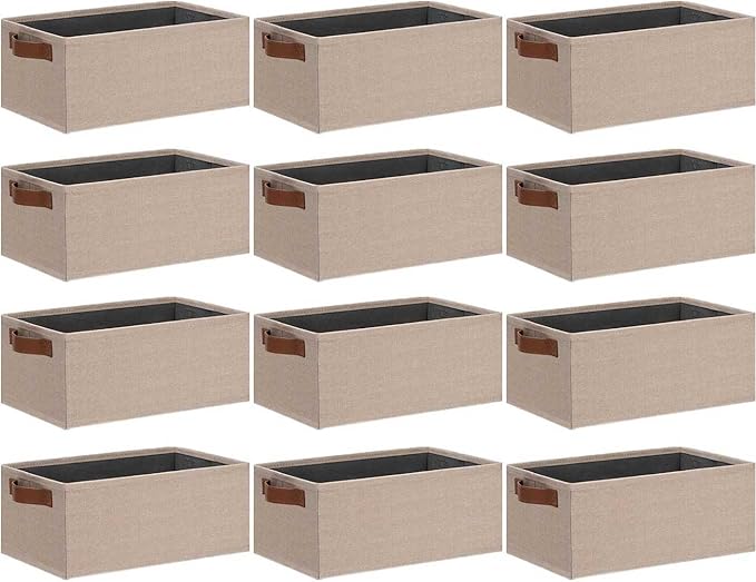 GhvyenntteS Small Fabric Storage Bins 12 Pack, 11.8" x 7.87" x 5.11" Storage Basket with Leather Handles, Closet Storage Bins for Shelves, Storage Baskets for Shelves, DVD Storage (Beige Yellow)-Ruum Studio Home