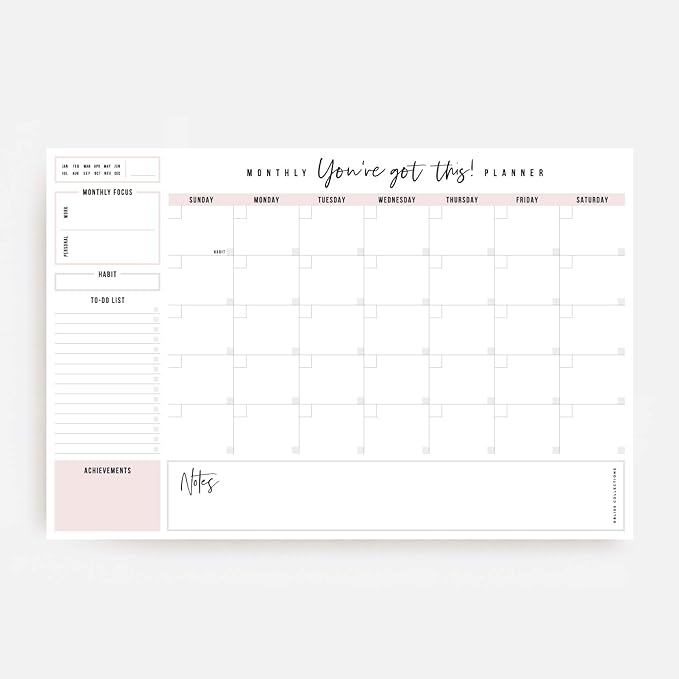 Bliss Collections Monthly Planning Pad, To Do List Notebook - Undated Tear-Off Sheets Notepad - Work Calendar, Organizer, Scheduler for Goals, Tasks - You've Got This (Pink), 12" x 18", 18 Sheets-Ruum Studio Home
