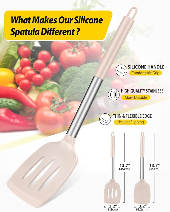 Pack of 2 Silicone Solid Turner, Non Stick Slotted Kitchen Spatulas, High Heat Resistant BPA Free Cooking Utensils, Ideal Cookware for Fish, Eggs, Pancakes(Stainless Steel Khaki)-Ruum Studio Home