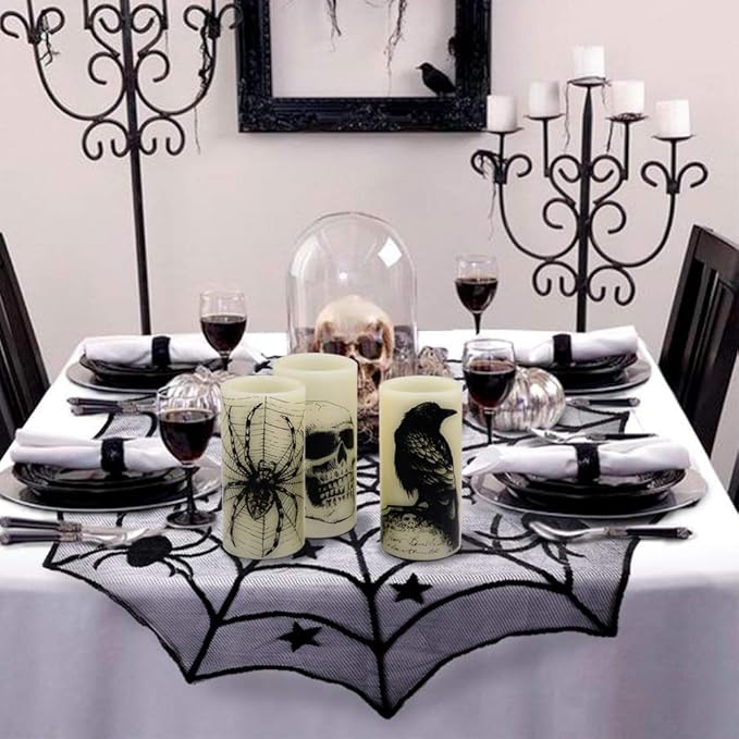Wondise Halloween Flickering Flameless Candles with 6hrs Timer, Battery Operated LED Real Wax Candles Set of 3 Skull, Spider Web, Crow Raven Decals Halloween Home Decoration Gifts(3 x 3 x 6 Inch)-Ruum Studio Home